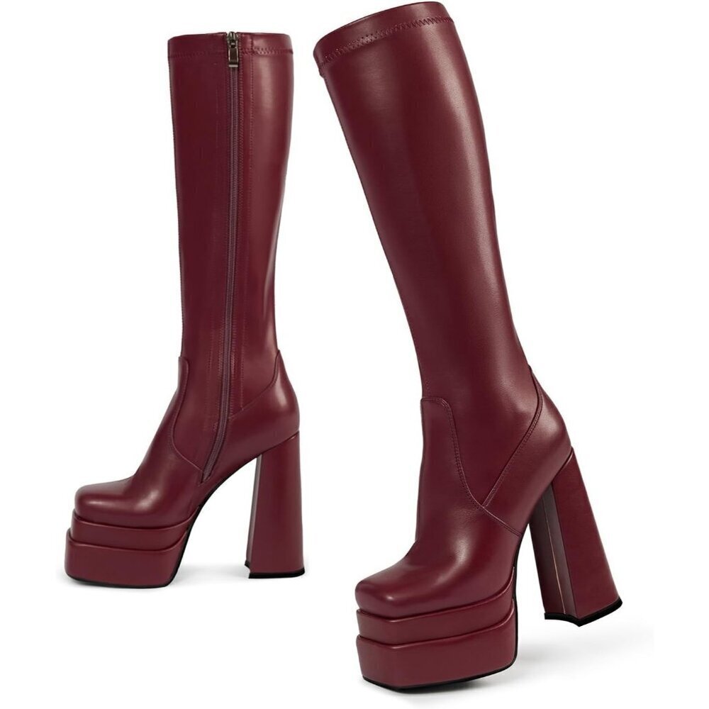 Matte Burgundy Platform Knee High Boots for Women, Chunky Heel, Zipper, Cosplay
